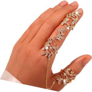 Charm Leaf Full Finger Rings Bracelet Crystal Knuckle Ring Harness Rhinestone